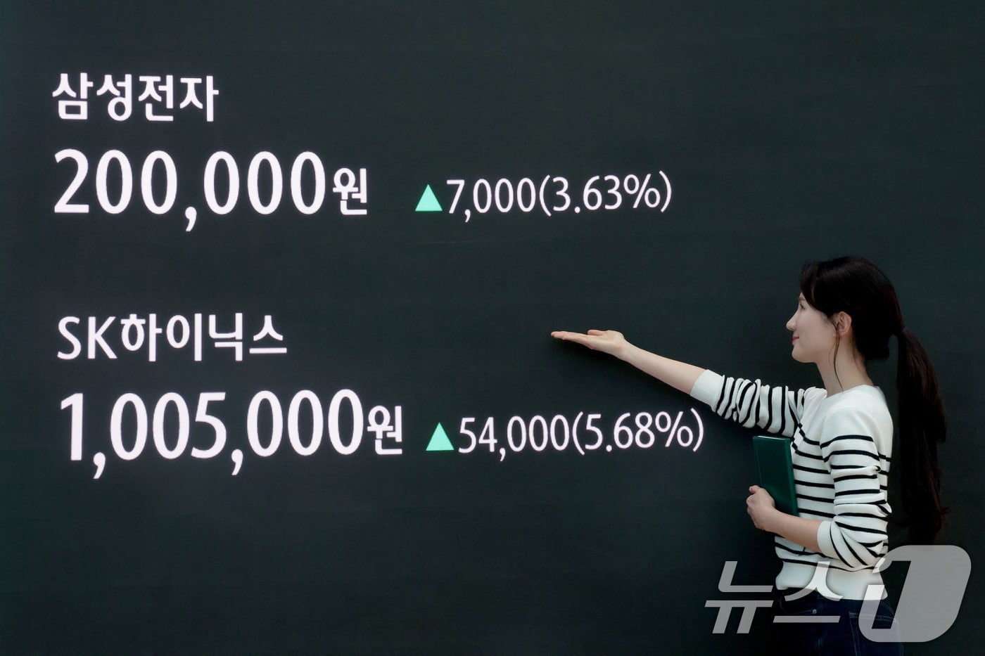 코스피가 사상 최고가를 또다시 경신한 24일 오후 서울 중구 하나은행 본점 딜링룸 현황판에 삼성전자와 SK하이닉스 종가가 게시돼 있다. 이날 코스피지수는 전장대비 123.55포인트(2.11%)상승한 5,969.64로 마감했다. 2026.2.24 ⓒ 뉴스1 이광호 기자