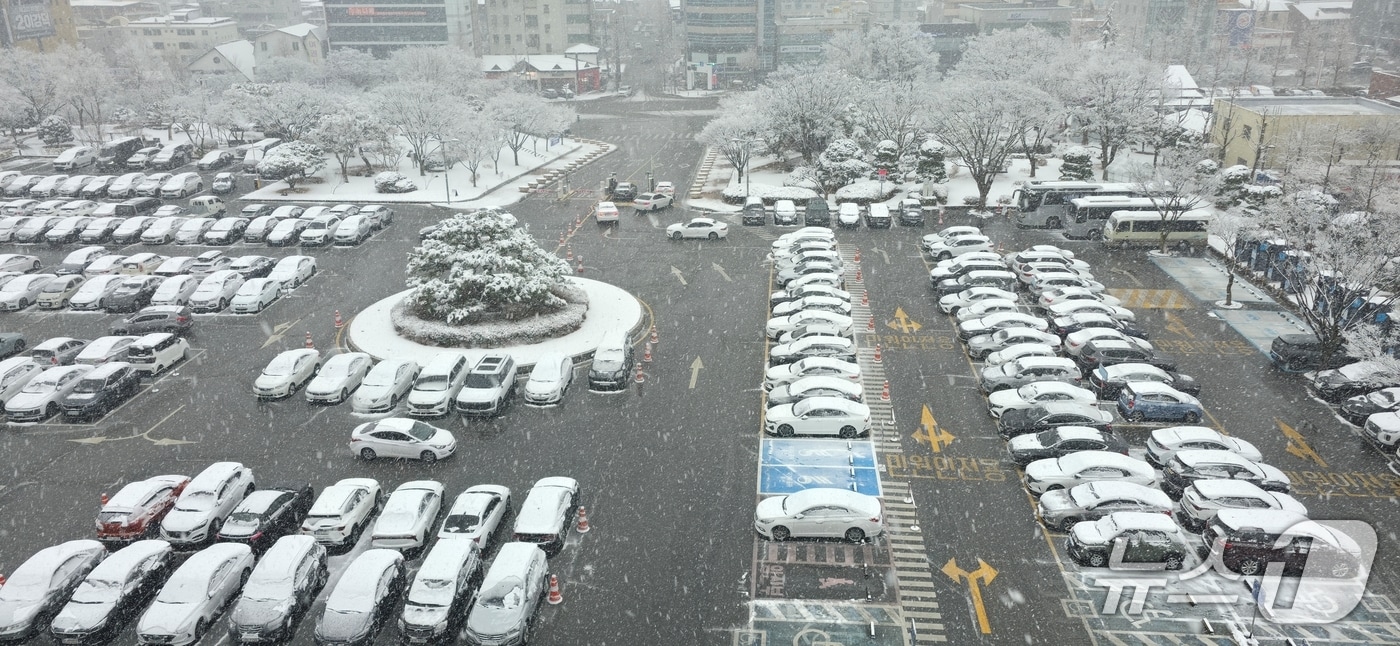24일 대설주의보가 내려진 가운데 경북 구미시청 주차장에 눈이 쌓여 있다. 2026.2.24/뉴스1