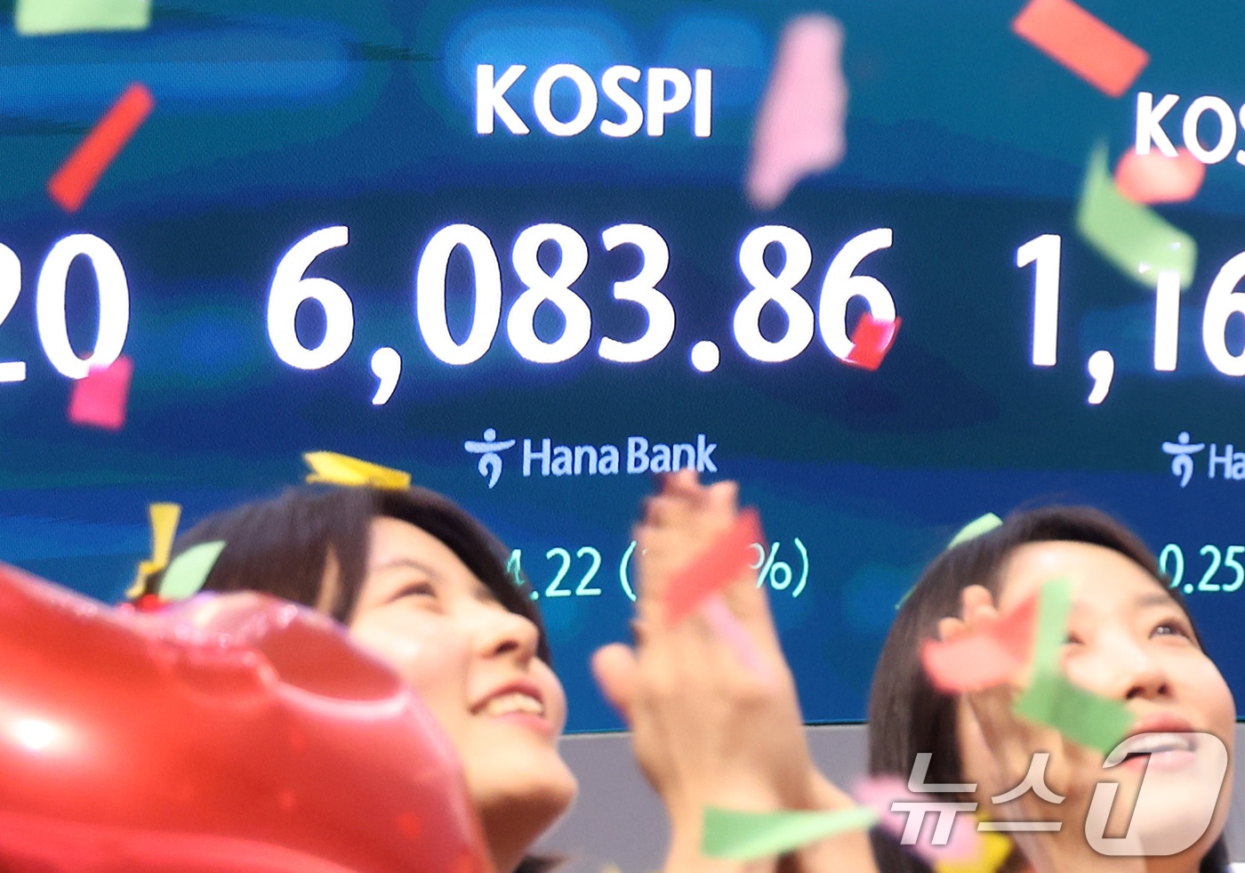 코스피가 종가 기준 사상 처음 6000선을 돌파한 25일 오후 서울 중구 하나은행 본점 딜링룸에서 직원들이 축하 세리머니를 하고 있다. 이날 코스피지수는 전일대비 114.22p(1.91%) 오른 6083.86으로 장을 마감했다. 2026.2.25 ⓒ 뉴스1 황기선 기자