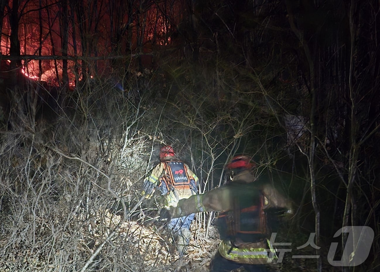 25일 오후 7시31분쯤 경북 영주시 안정면 용산리 한 야산에 공군 F-16C 전투기가 야간 훈련 중 추락했다. 조종사는 탈출해 인명피해는 발생하지 않았으나, 추락하면서 전투기에 불이 붙어 산불로 번져 소방 당국이 진화에 나서고 있다. (경북소방본부 제공. 재판매 및 DB 금지) 2026.2.25 ⓒ 뉴스1 남승렬 기자