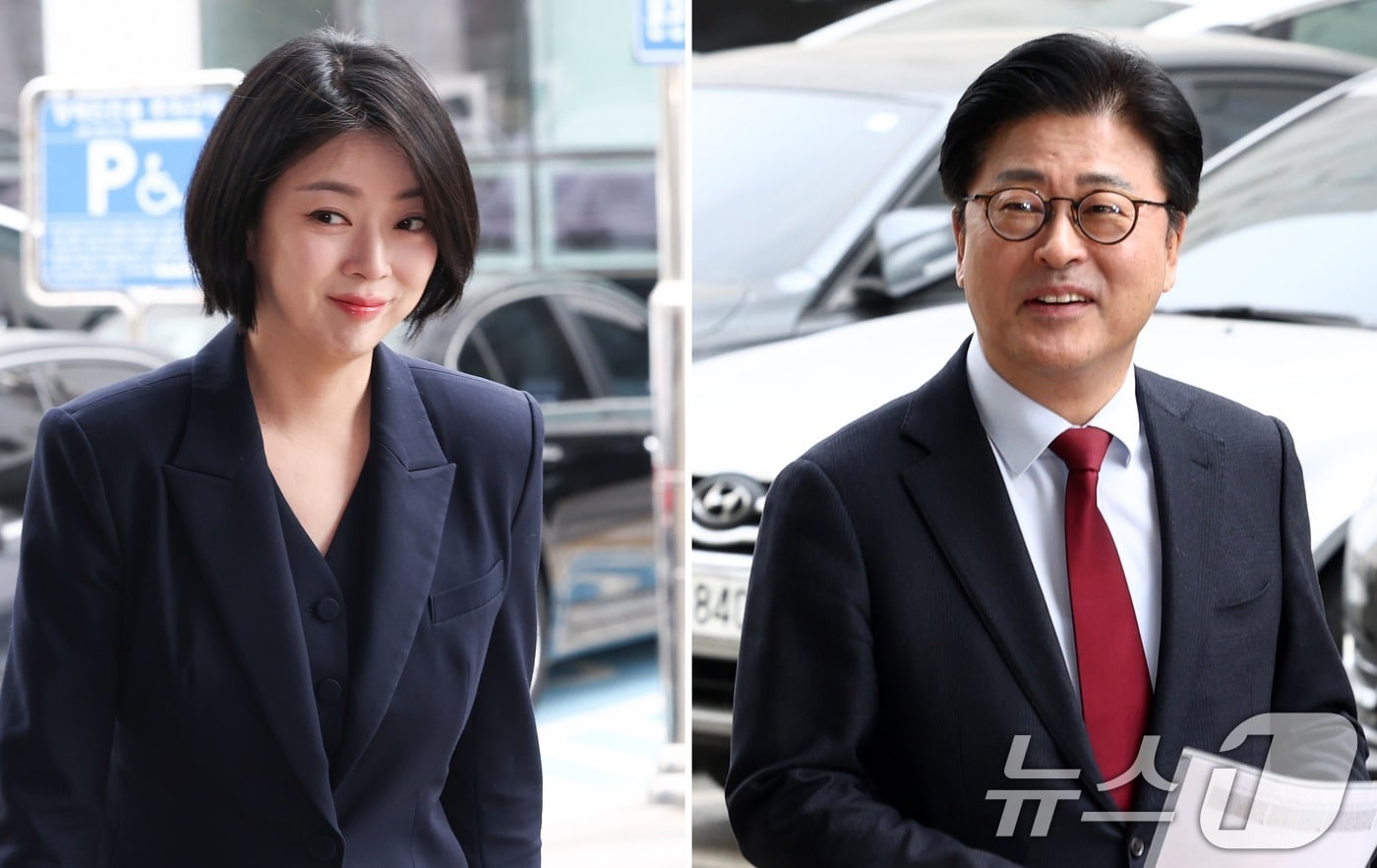 배현진 국민의힘 의원(왼쪽), 김종혁 전 국민의힘 최고위원이 26일 오후 서울 양천구 서울남부지방법원에서 열린 국민의힘 징계 효력정지 가처분사건 첫 심문기일에 출석하고 있다.  2026.2.26 ⓒ 뉴스1 최지환 기자