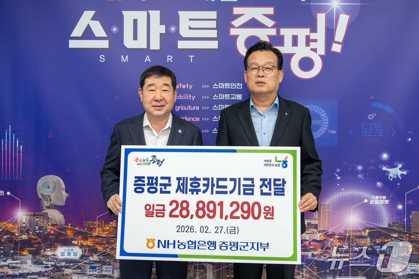 NH농협은행 증평군지부가 27일 증평군청을 방문해 법인 제휴카드 기금 2890만 원을 전달했다.(증평군 제공. 재판매 및 DB금지)