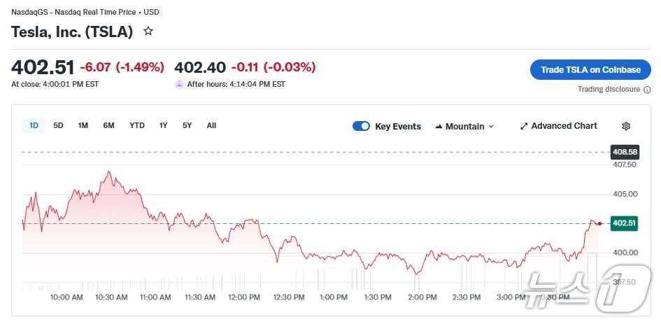 테슬라 일일 주가 추이 - 야후 파이낸스 갈무리