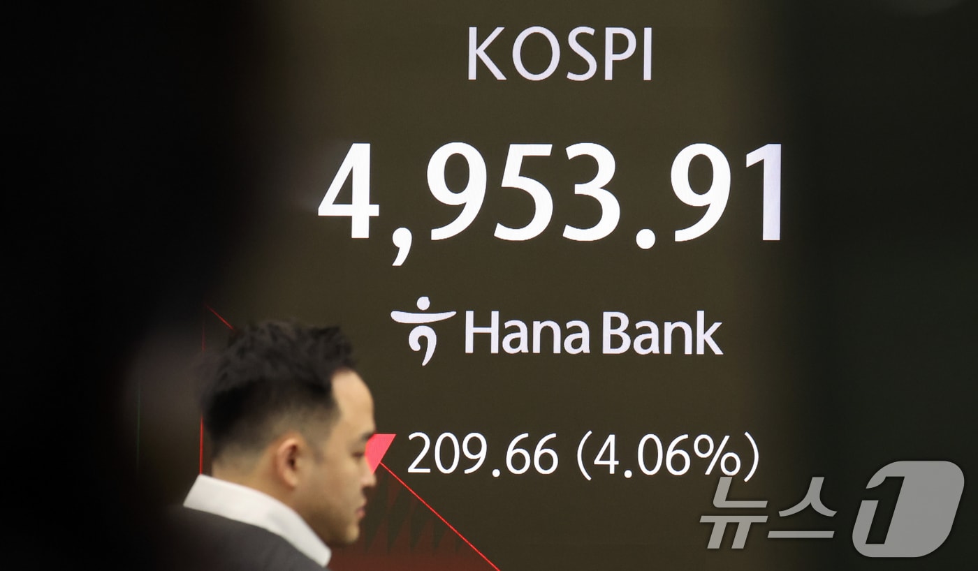 6일 오전 서울 중구 하나은행 딜링룸 전광판에 코스피 지수가 5000선 하회로, 코스닥 지수가 1100선 아래로 보이고 있다. 2026.2.6/뉴스1 ⓒ News1 김명섭 기자