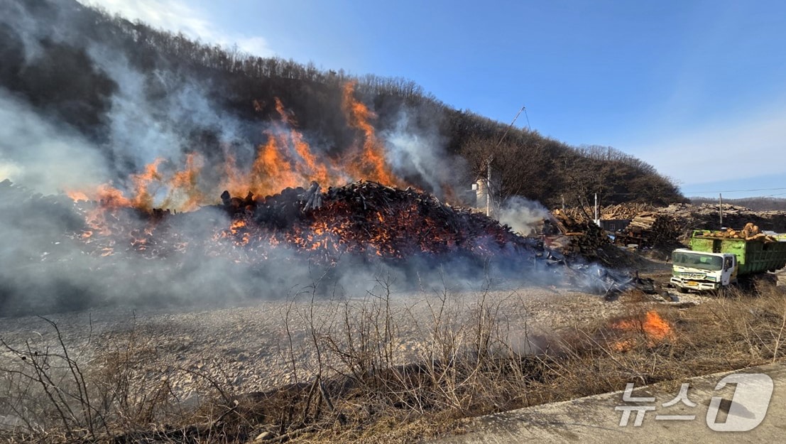 7일 오전 9시42분 경북 청송순 현동면 도평리에 있는 목재 가공공장에서 원인을 알 수 없는 불이 나 소방당국이 진화 작업 중이다. (경북소방본부제공, 재판매 및 DB금지) 2026.2.7/뉴스1 