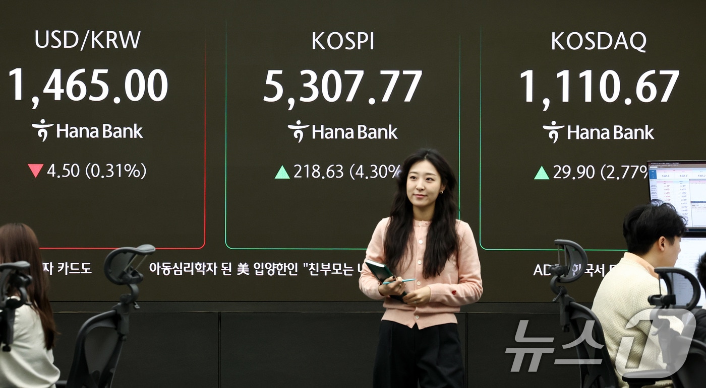 코스피가 상승 출발한 9일 서울 중구 하나은행 본점 딜링룸 전광판에 증시 시황이 표시되어 있다. 2026.2.9 ⓒ 뉴스1 최지환 기자