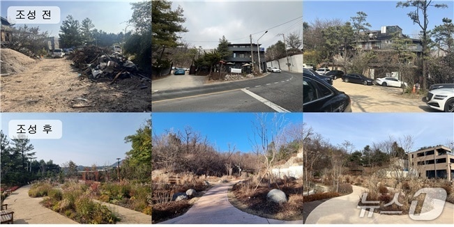 공원 조성 전 훼손, 방치된 모습과 조성 후 계절마다 색다른 정취를 즐길 수 있는 '사계 정원' 전경.(성북구 제공)
