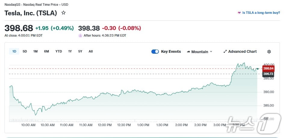 테슬라 일일 주가 추이 - 야후 파이낸스 갈무리