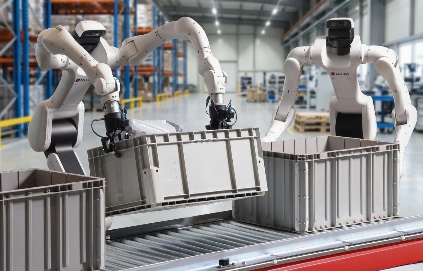 LG CNS가 덱스메이트 휴머노이드 로봇을 산업현장에 투입하기 위해 트레이닝 시키는 모습.(AI 생성 가상 이미지·LG CNS 제공)