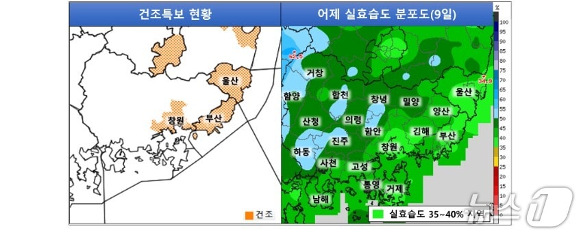  건조특보 현황 및 9일 실효습도 분포도. (기상청 제공)