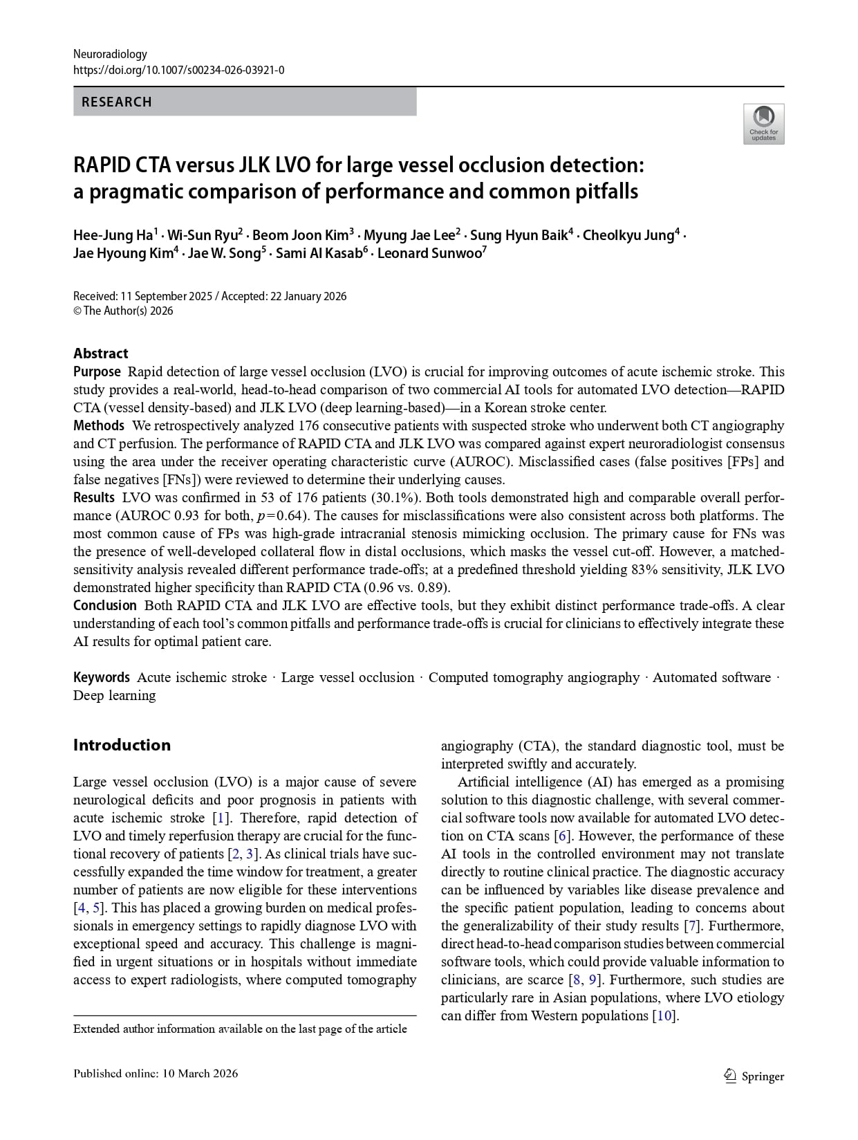 국제 학술지 'Neuroradiology'에 게재된 논문. (제이엘케이 제공)