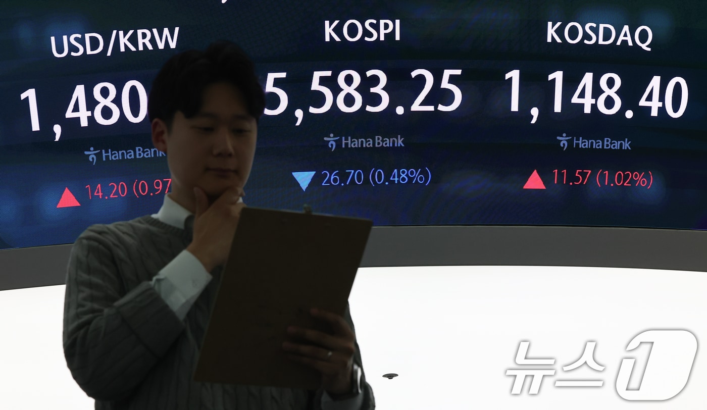 12일 서울 중구 하나은행 본점 딜링룸 전광판에 종가가 표시되고 있다. 이날 코스피는 전 거래일 대비 26.70포인트(0.48%) 하락한 5,583.25, 코스닥은 전 거래일 대비 11.57포인트(1.02%) 상승한 1,148.40로 장을 마쳤다. 2026.3.12 ⓒ 뉴스1 김도우 기자