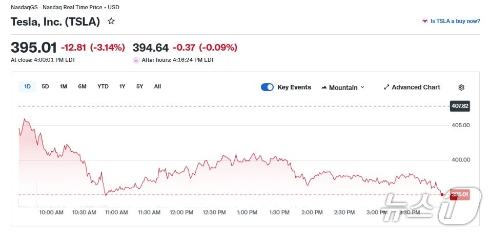 테슬라 일일 주가 추이 - 야후 파이낸스 갈무리