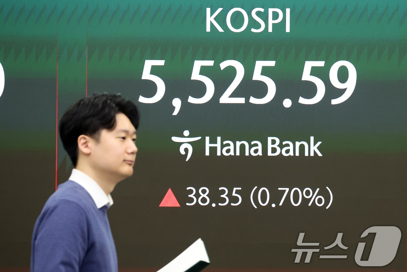 16일 오전 서울 중구 하나은행 딜링룸 전광판에 증시 시황이 표시되고 있다. 이날 코스피는 전 거래일 대비 0.70% 오른 5,525.59로 개장하고 있다. ⓒ 뉴스1 김명섭 기자