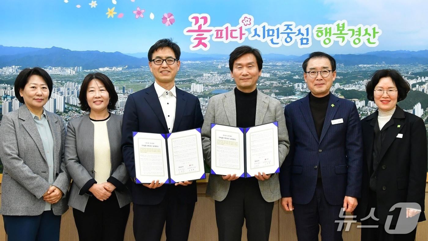 조현일 경산시장(오른쪽 세번째)과 김용환 경산우체국장(네번째)이 안부살핌 우편서비스 협약을 맺은 뒤 기념사진을 찍고 있다. (경산시 제공. 재판매 및 DB금지)/뉴스1