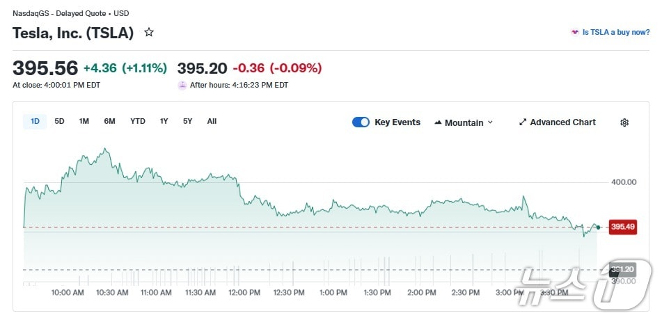 테슬라 일일 주가 추이 - 야후 파이낸스 갈무리