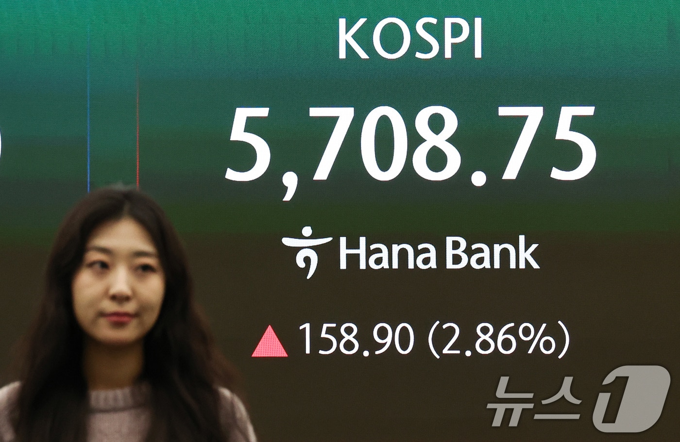 17일 오전 서울 중구 하나은행 딜링룸 전광판에 증시 시황이 표시되고 있다. 이날 코스피는 전 거래일 대비 161.95포인트(2.92%) 오른 5711.80로, 코스닥 지수는 18.54포인트(1.63%) 오른 1156.83으로 개장 했다. 2026.3.17 ⓒ 뉴스1 최지환 기자