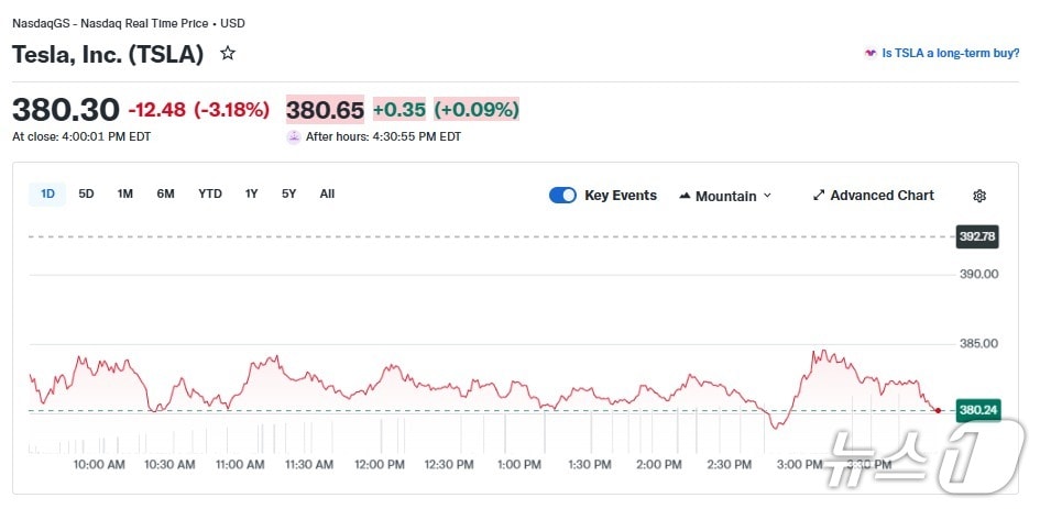 테슬라 일일 주가 추이 - 야후 파이낸스 갈무리