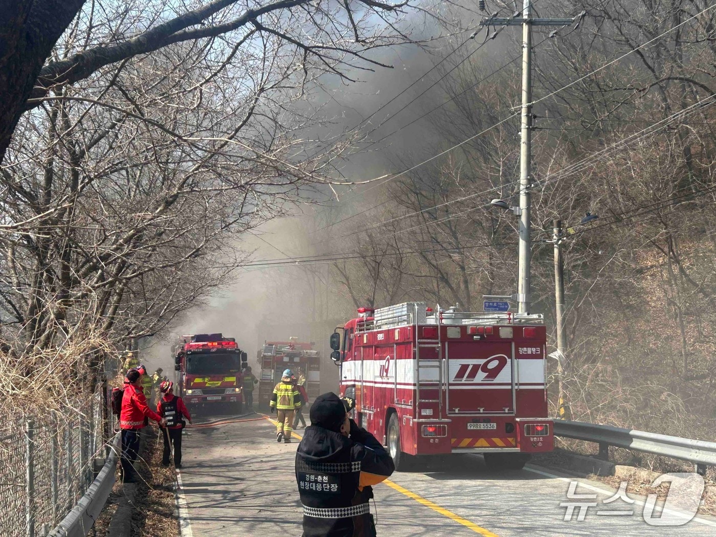 21일 오후 1시 14분쯤 강원 춘천시 남산면 서천리의 한 사유림에서 발생한 산불이 1시간 6분 만인 오후 2시 20분쯤 진화됐다. (강원도소방본부 제공. 재판매 및 DB금지) 2026.3.21/뉴스1