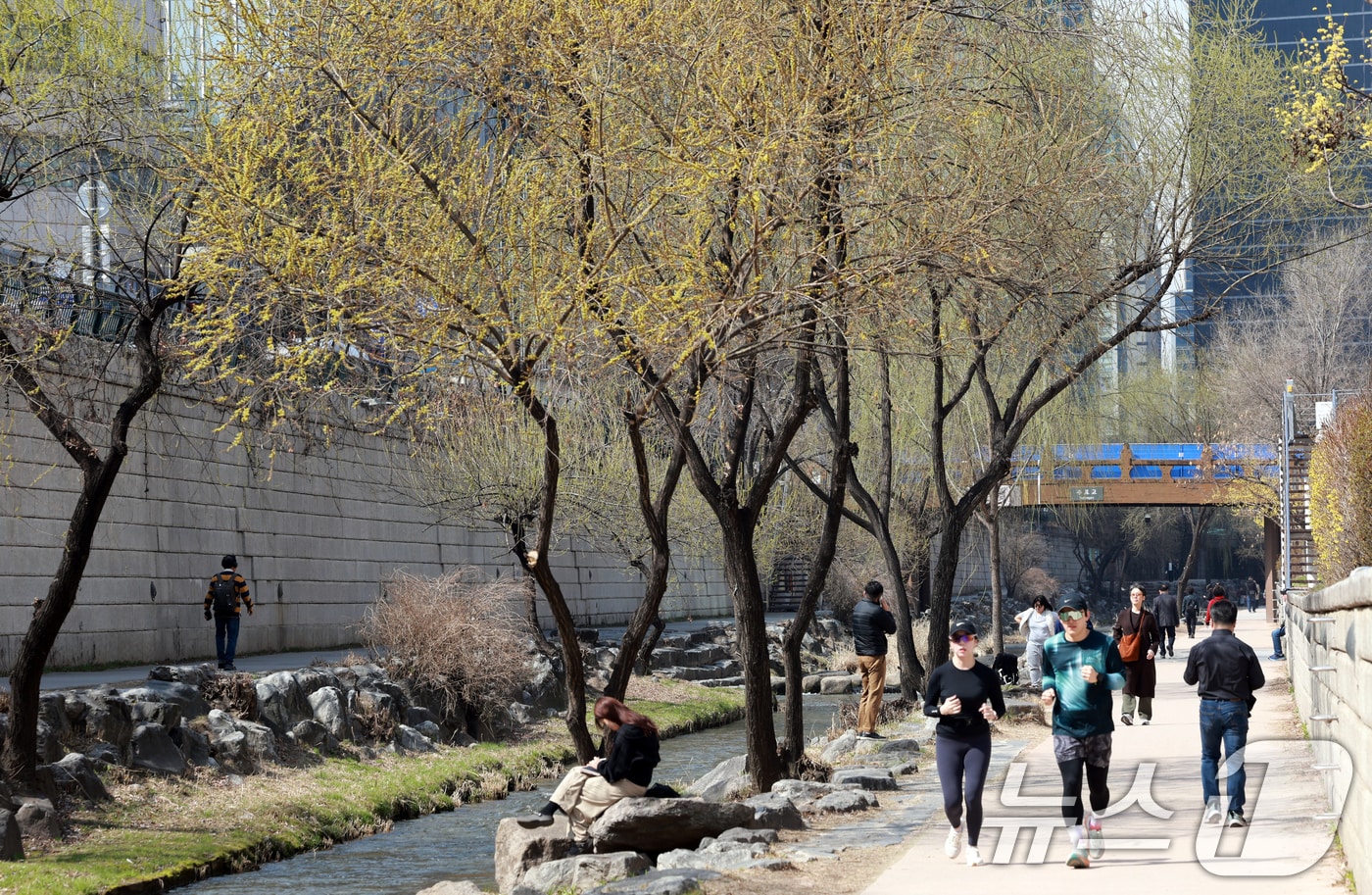 완연한 봄 날씨를 보인 23일 서울 종로구 청계천을 찾은 시민들이 산책을 하고 있다. 2026.3.23 ⓒ 뉴스1 이호윤 기자
