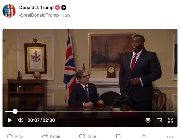 도널드 트럼프 미국 대통령이 22일(현지시간) 트루스소셜에 공유한 영국판 SNL 영상 캡처