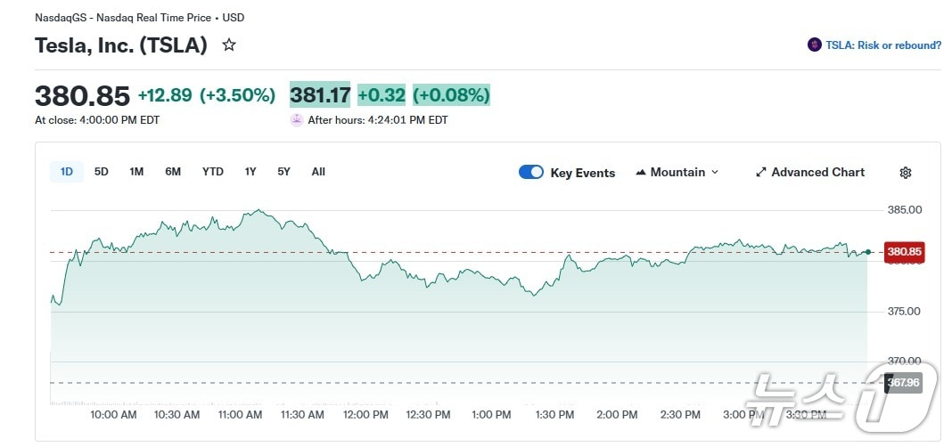 테슬라 일일 주가 추이 - 야후 파이낸스 갈무리