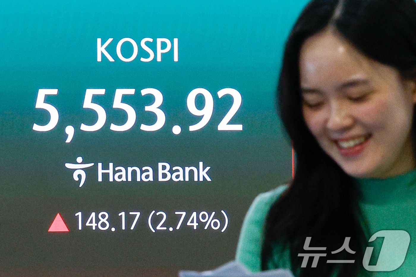 코스피가 5500선을 회복한 24일 오후 서울 중구 하나은행 본점 딜링룸 전광판에 종가가 나오고 있다. 이날 코스피지수는 전일 대비 148.17포인트(p)(2.74%) 상승한 5553.92, 코스닥은 24.55p(2.24%) 상승한 1121.44로 마감했다. 달러·원 환율은 전일 오후 3시 30분 주간종가 대비 22.1원 내린 1495.2원을 기록했다. 2026.3.24 ⓒ 뉴스1 안은나 기자