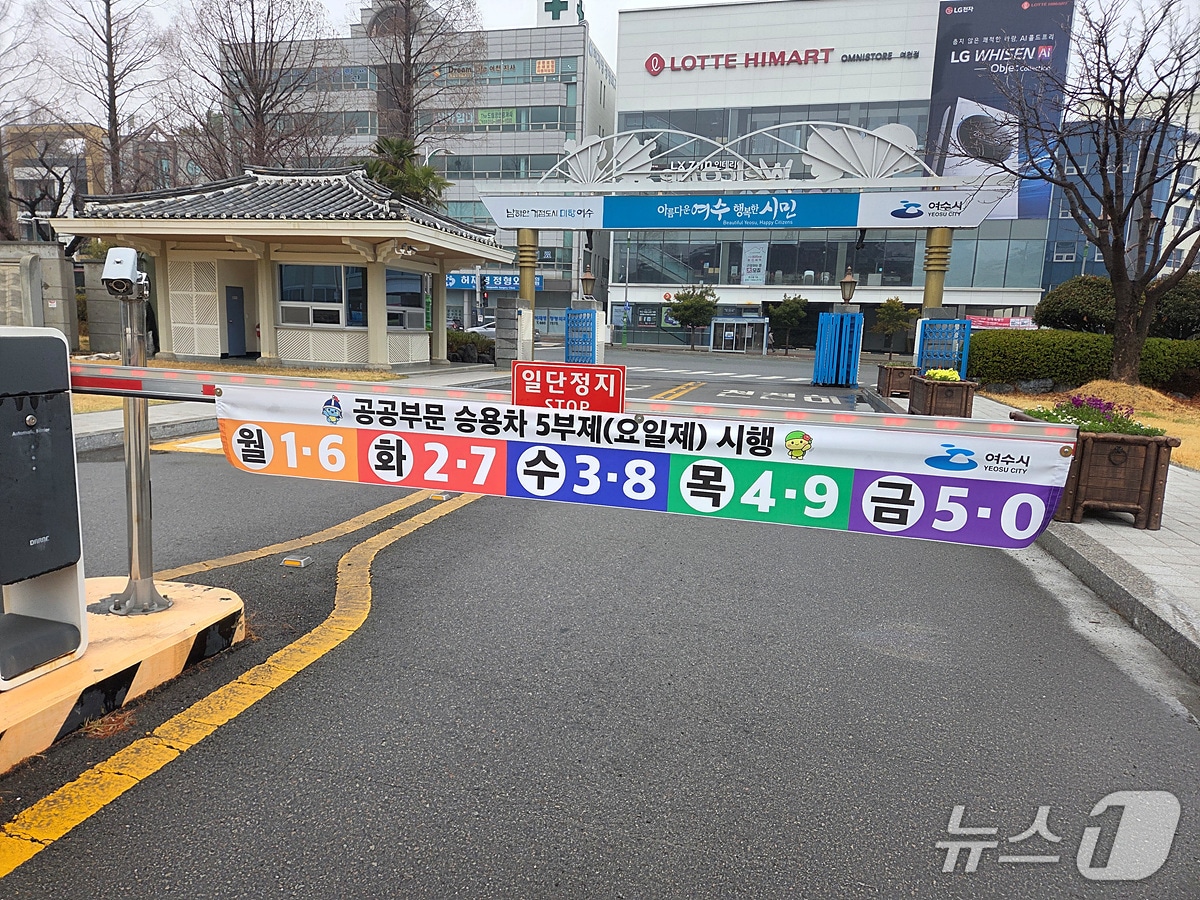 25일 여수시청 입구에 차량 5부제 시행을 알리는 현수막이 걸려있다. (여수시 제공. 재판매 및 DB금지)