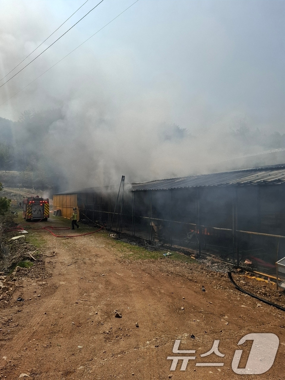26일 오전 11시 38분쯤 전남 화순군 이양면의 한 염소 축사에서 불이 나 연기가 피어오르고 있다. (전남소방본부 제공. 재판매 및 DB금지) 2026.3.26 ⓒ 뉴스1
