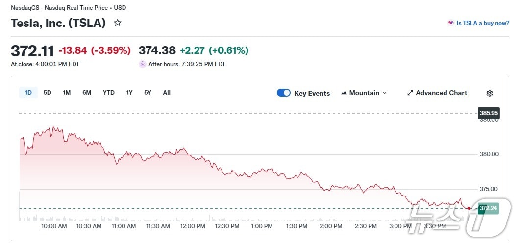 테슬라 일일 주가 추이 - 야후 파이낸스 갈무리