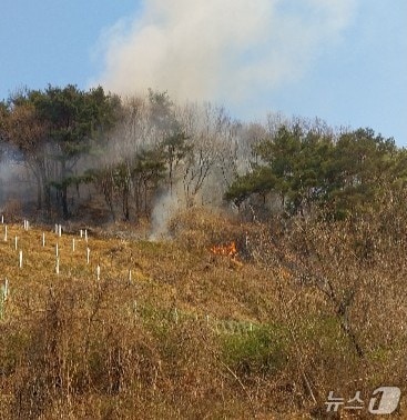 경남 진주 명석면 한 야산에서 산불이 발생, 산림당국이 발생 1시간 15분 만에 주불 진화를 완료했다. (소방 제공. 재판매 및 DB금지)