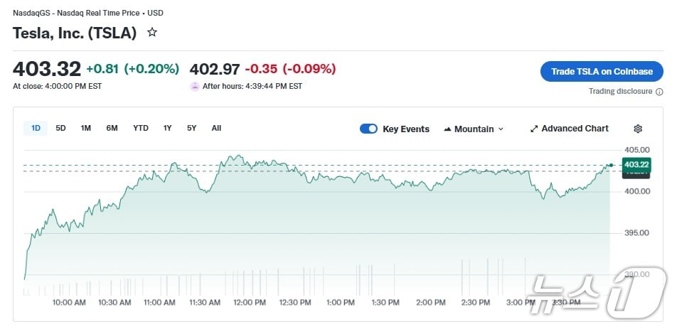 테슬라 일일 주가 추이 - 야후 파이낸스 갈무리
