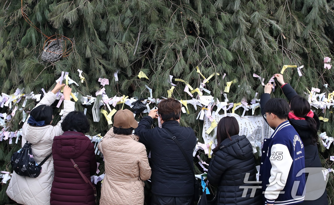 정월대보름인 3일 오후 대구 북구 금호강 둔치에서 열린 '정월대보름 축제'를 찾은 시민들이 달집에 소원지를 매달며 소원을 빌고 있다. 2026.3.3 ⓒ 뉴스1 공정식 기자