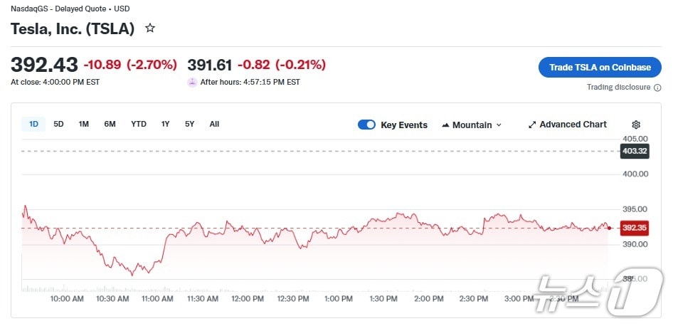 테슬라 일일 주가 추이 - 야후 파이낸스 갈무리