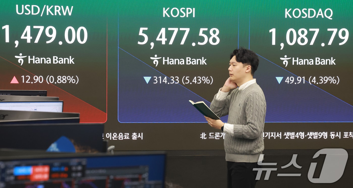 미국과 이란 간의 무력 충돌로 경제시장 불안감이 지속되고 있는 4일 서울 중구 하나은행 본점 딜링룸 전광판에 코스피 지수가 나오고 있다. 2026.3.4 ⓒ 뉴스1 이호윤 기자