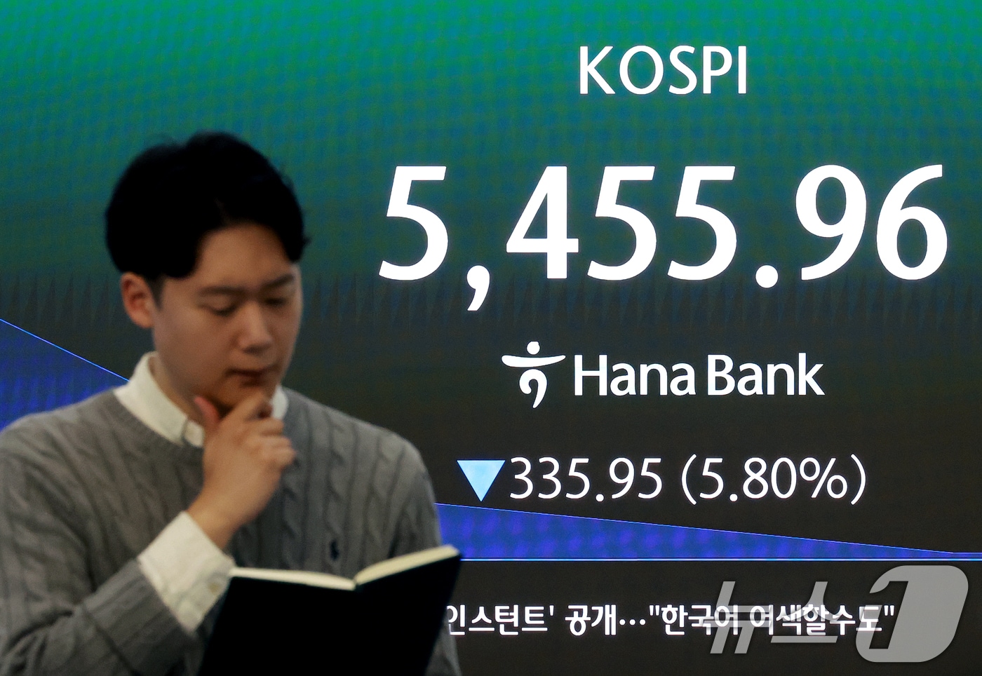 서울 딜링룸 전광판과 급변하는 증시 상황