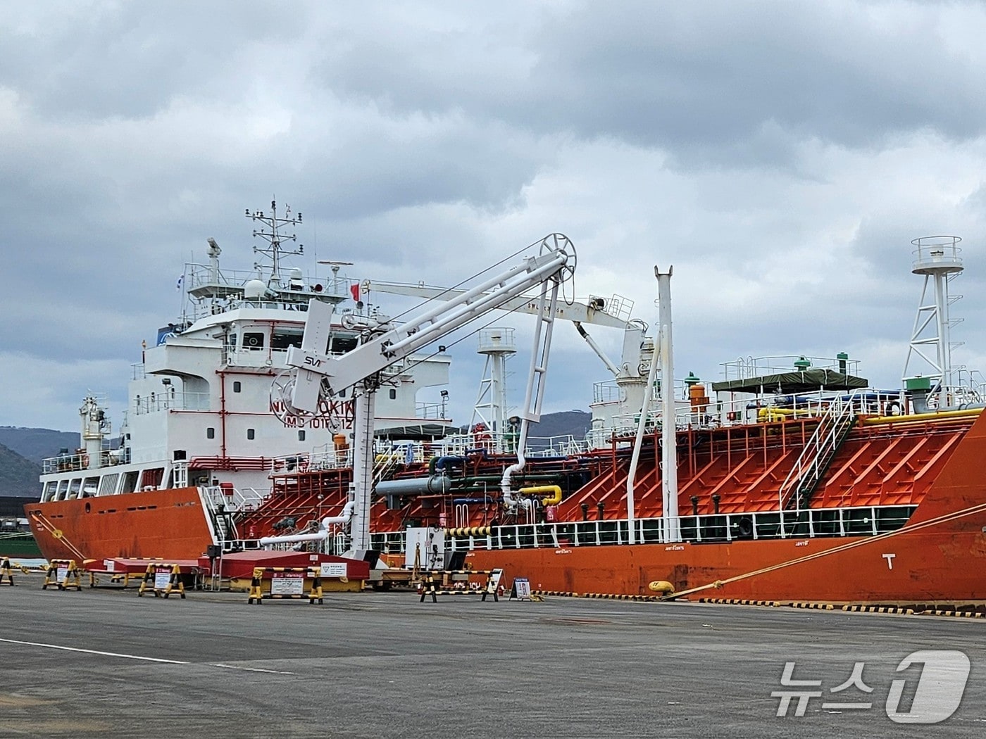 롯데정밀화학이 울산항에서 세계 최초로 그린 암모니아를 수입·하역 중인 사진(롯데정밀화학 제공)