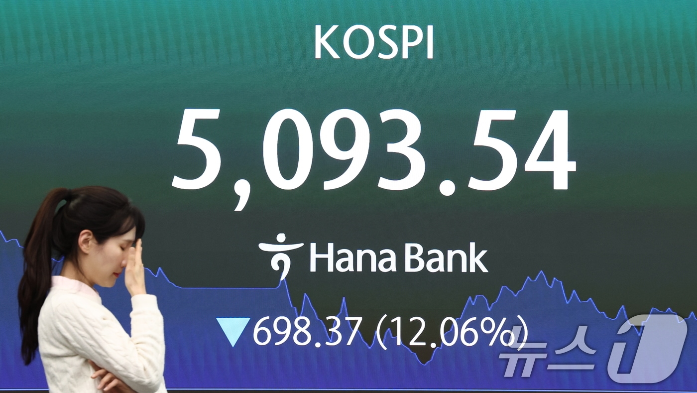 이란전쟁 여파로 코스피·코스닥에 서킷브레이커가 발동하는 등 증시가 급락한 4일 서울 중구 하나은행 본점 딜링룸 전광판에 코스피 지수가 종가가 나오고 있다. 이날 코스피는 12.06% 하락한 5093.54에 마감했다. 2026.3.4 2026.3.4 ⓒ 뉴스1 최지환 기자