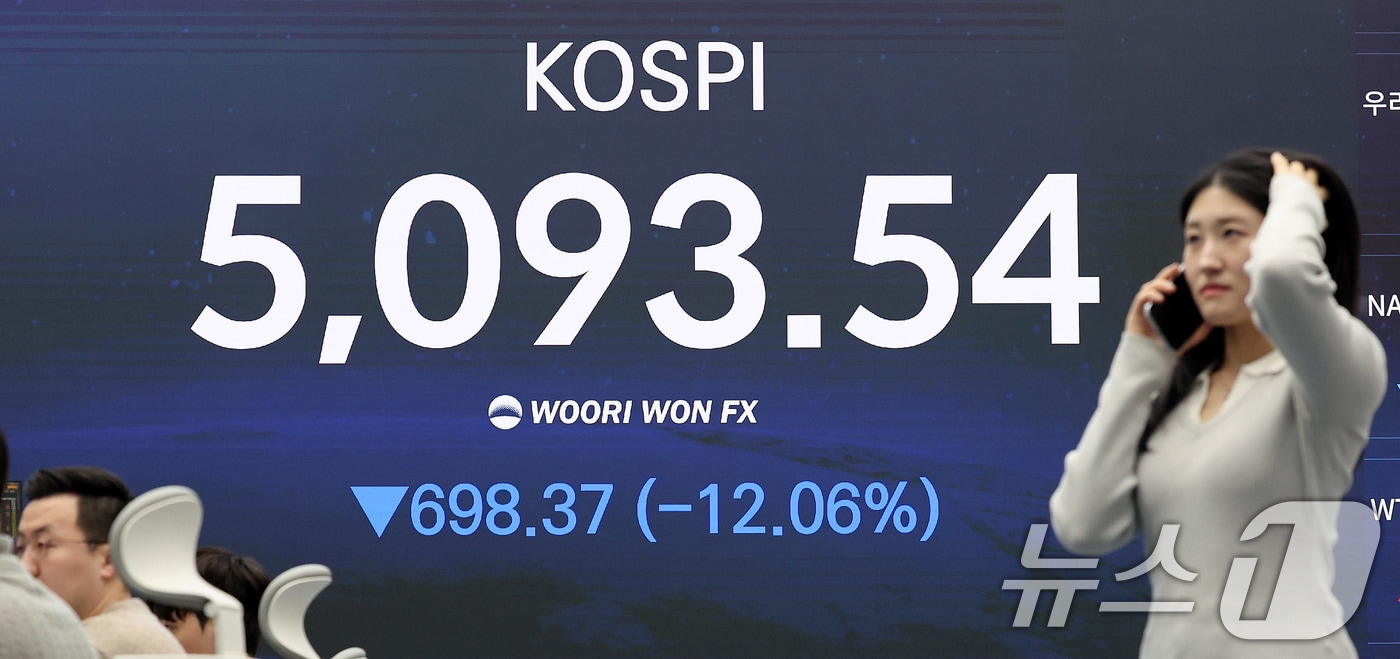 코스피지수가 12% 넘게 폭락한 4일 오후 서울 중구 우리은행 본점 딜링룸 전광판에 코스피 종가가 표시되고 있다. 2026.3.4 ⓒ 뉴스1 박지혜 기자