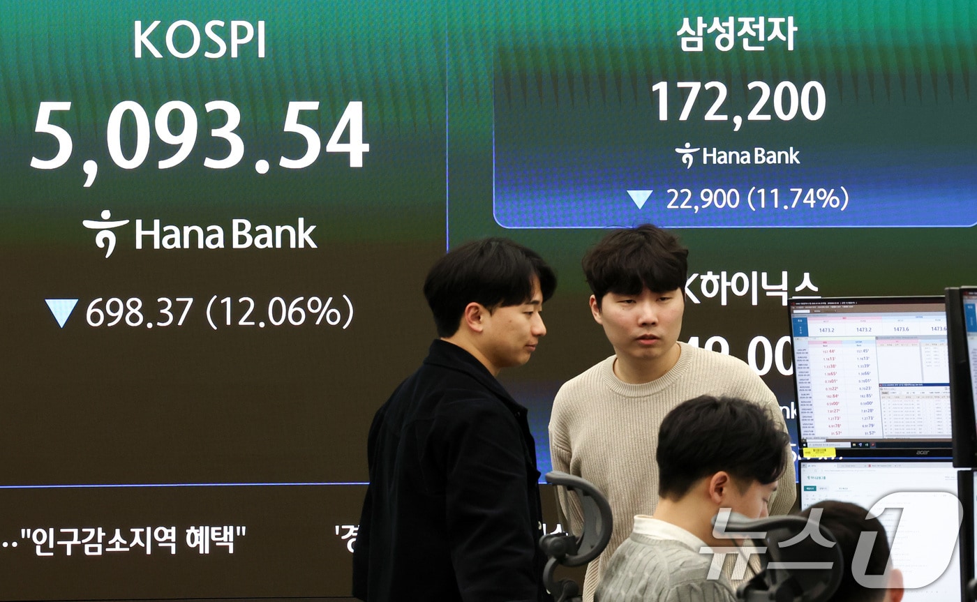 지난 4일 서울 중구 하나은행 본점 딜링룸 전광판에 코스닥 지수 종가가 표시되어 있다. 2026.3.4 ⓒ 뉴스1 최지환 기자