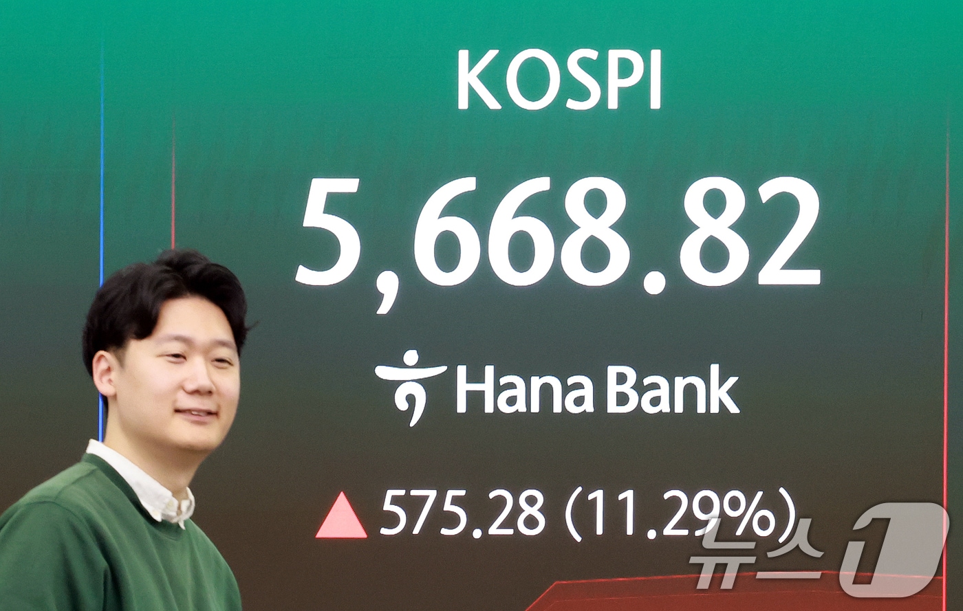 5일 서울 중구 하나은행 딜링룸 전광판에 코스피 등 시황이 표시되고 있다. . 2026.3.5 ⓒ 뉴스1 이호윤 기자