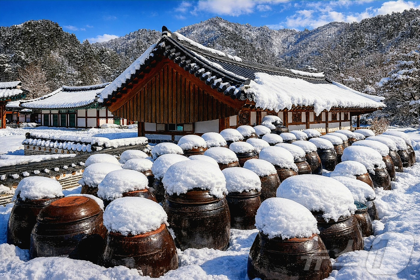 절기상 개구리가 겨울잠에서 깨어난다는 경칩(驚蟄)인 5일 강원 인제군 북면 백담사 일대에 있는 장독대가 최근 내린 눈으로 뒤덮여 있다.(인제군 제공. 재판매 및 DB금지) 2026.3.5 ⓒ 뉴스1 이종재 기자