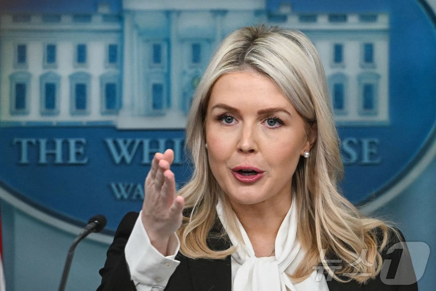 캐롤라인 레빗 백악관 대변인이 4일(현지시간) 워싱턴DC 브래디 브리핑룸에서 발언하고 있다. 2026.3.4 ⓒ AFP=뉴스1