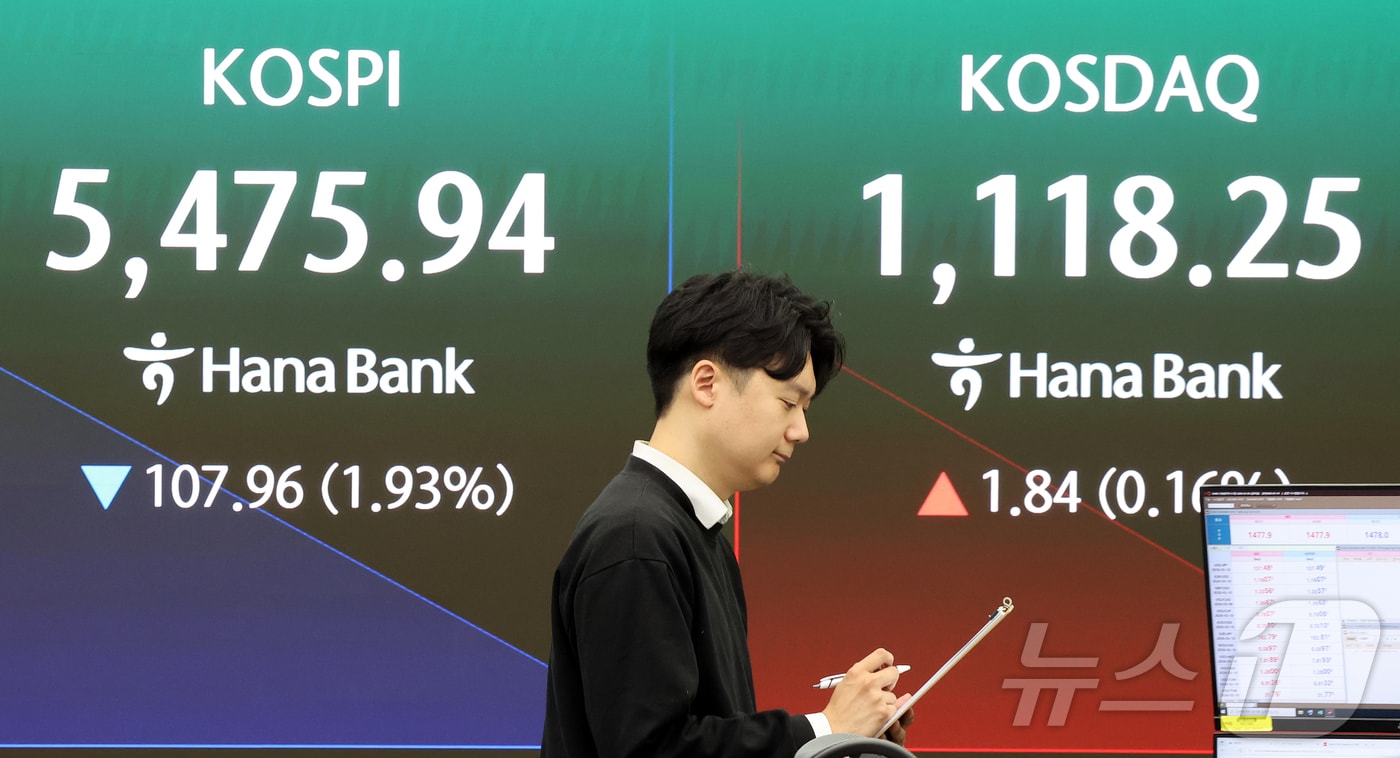 6일 서울 중구 하나은행 딜링룸 전광판에 코스피 등 시황이 표시되고 있다. 2026.3.6 ⓒ 뉴스1 김진환 기자