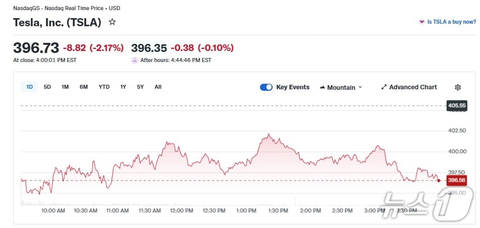 테슬라 일일 주가 추이 - 야후 파이낸스 갈무리