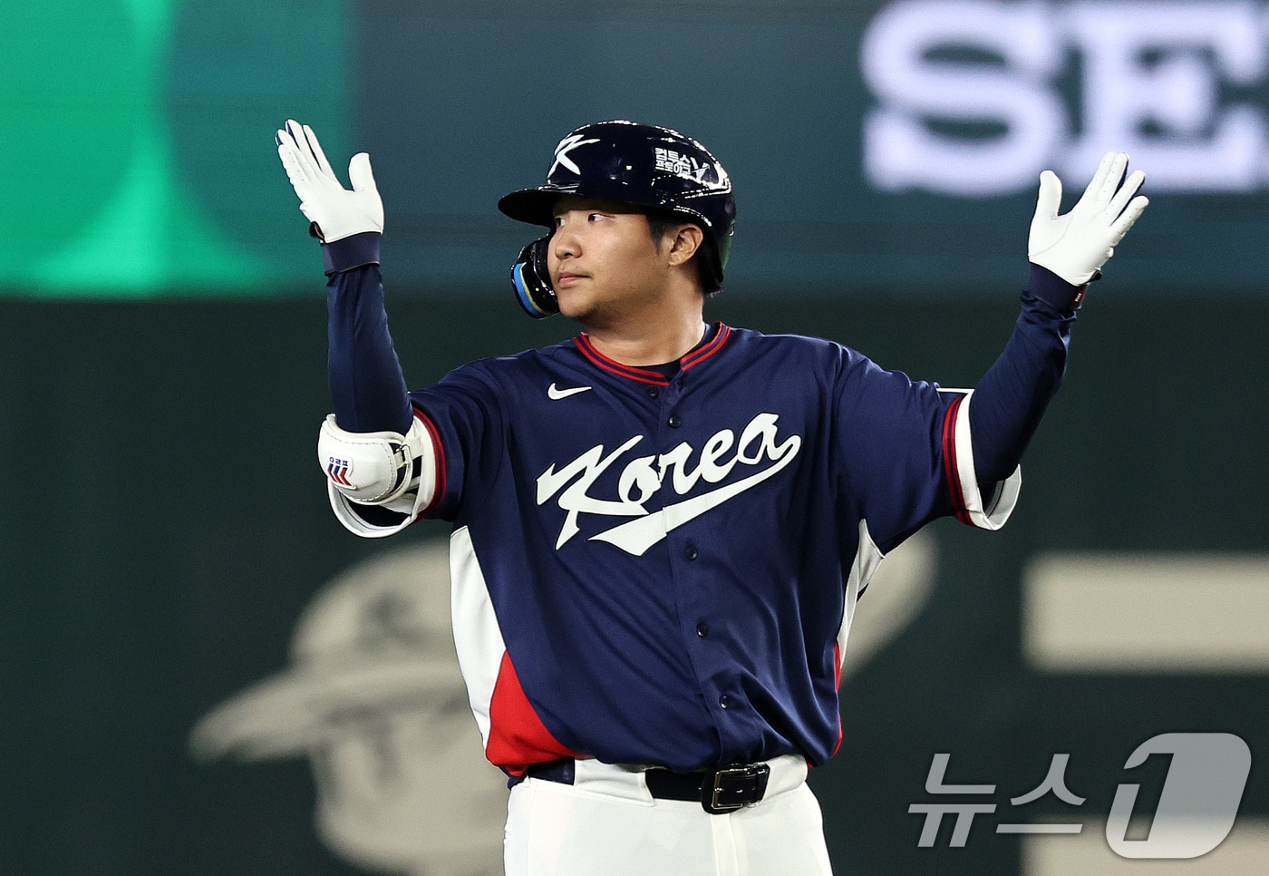 9일 일본 도쿄돔에서 열린 2026 월드베이스볼클래식 조별리그 C조 대한민국과 호주의 경기. 3회초 대한민국 공격 무사 2루때 문보경이 1타점 적시타를 치고 세리머니하고 있다. 2026.3.9 ⓒ 뉴스1 구윤성 기자