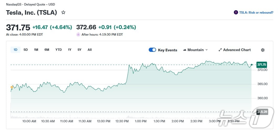 테슬라 일일 주가 추이 - 야후 파이낸스 갈무리