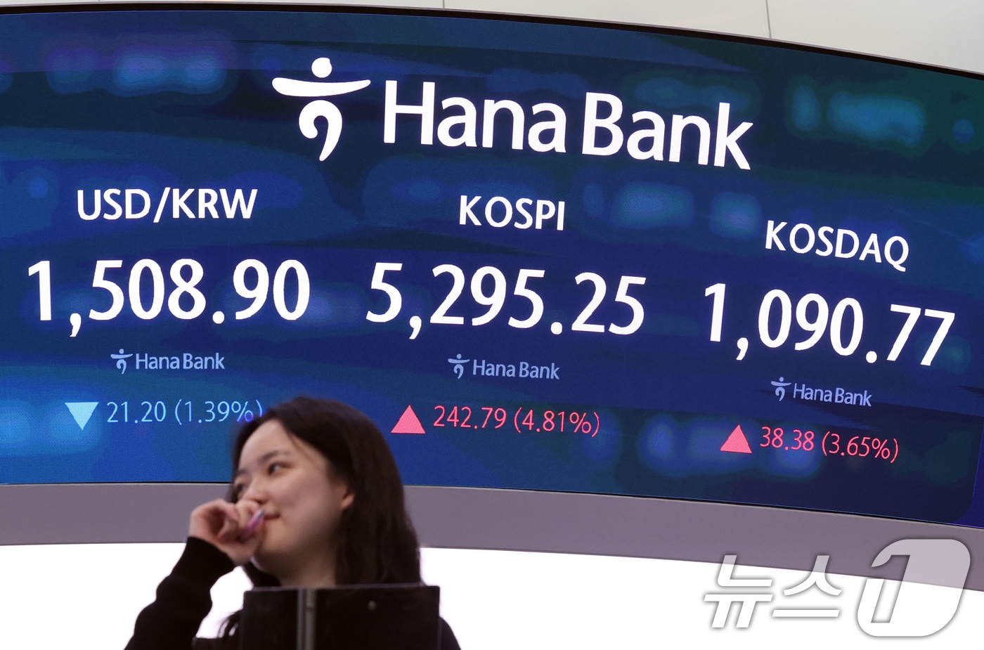 코스피 지수가 5% 넘게 오르며 장 초반 매수 사이드카가 발동된 1일 오전 서울 중구 하나은행 딜링룸 전광판에 코스피 시황이 표시되고 있다. 이날 코스피는 전 거래일 대비 277.58%(5.49%) 상승한 5330.04로 출발했다. 2026.4.1 ⓒ 뉴스1 황기선 기자