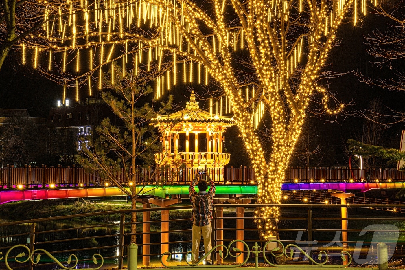 충북 괴산군 괴산읍을 가로지르는 동진천 '오작교'가 지난 31일 밤 야간 경관조명으로 황홀한 야경을 선사하고 있다.(괴산군 제공).2026.4.1 ⓒ 뉴스1 이성기 기자