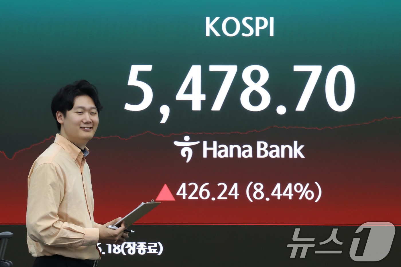 코스피가 급등하며 5400선을 회복한 1일 오후 서울 중구 한나은행 딜링룸 현황판에 코스피지수가 전장대비 426.24(8.44%) 상승한 5,478.70원을 나타내고 있다. 2026.4.1 ⓒ 뉴스1 이광호 기자